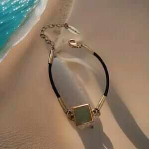 Marcia Moran Mint Green Drusy Quartz Square Gold Tone Leather Bracelet Sz 6